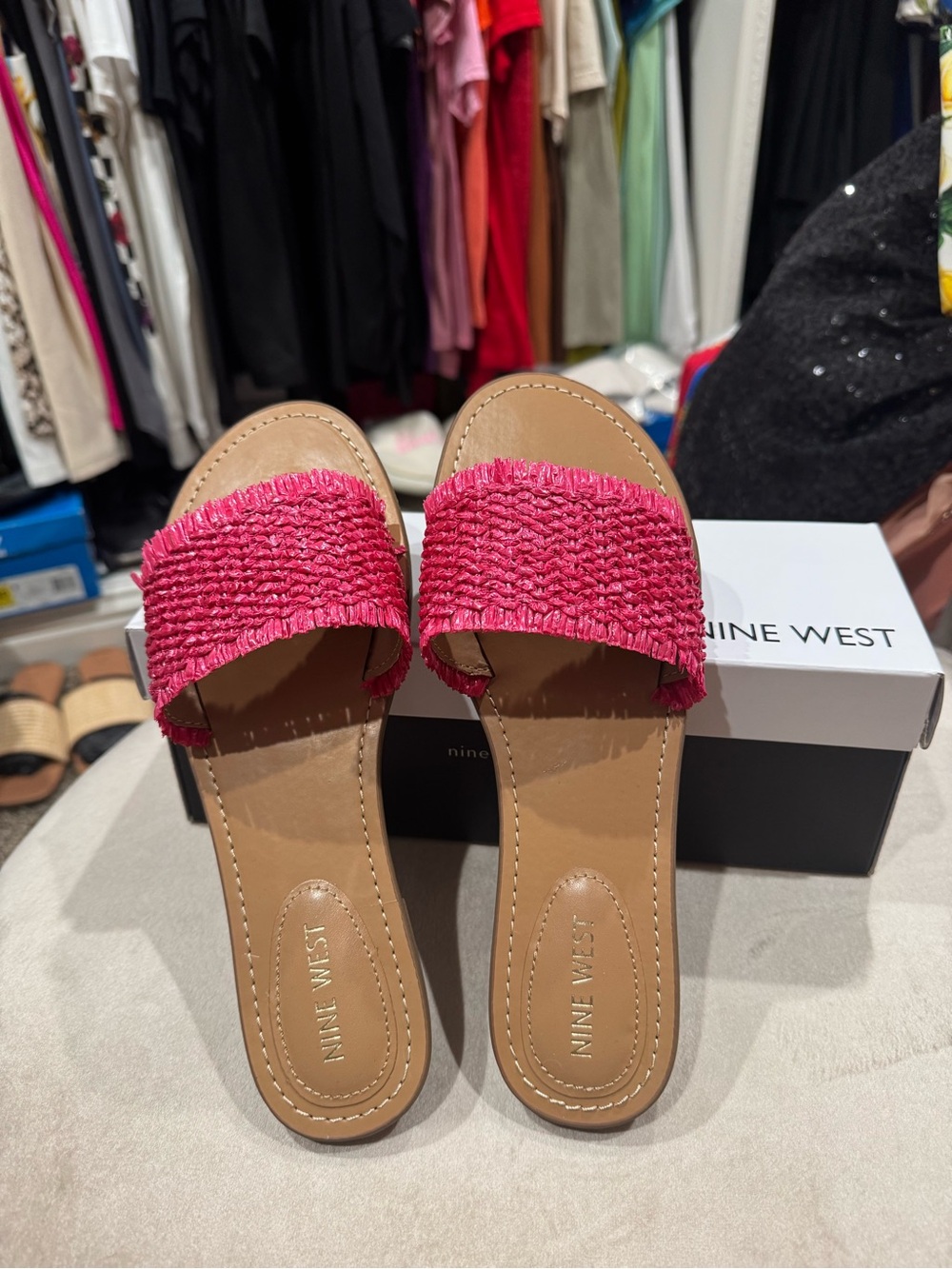 Nine West Pink Raffia Slide Sandals